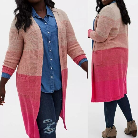 Torrid Long Open Cardigan Duster Sweater Long Sleeves Slouchy Size L Pink Ombre - Picture 2 of 15